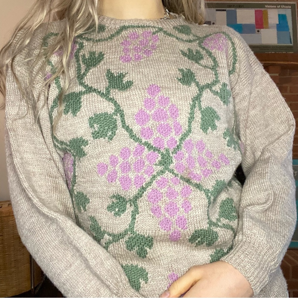 Vintage 70s Nordstrom Wool Made in England Grape Vine Floral Sweater Neu…